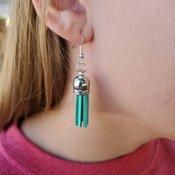 Silver Dome Top Leather Tassel Drop Earrings