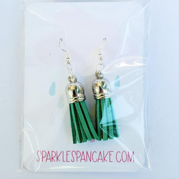 Silver Dome Top Leather Tassel Drop Earrings