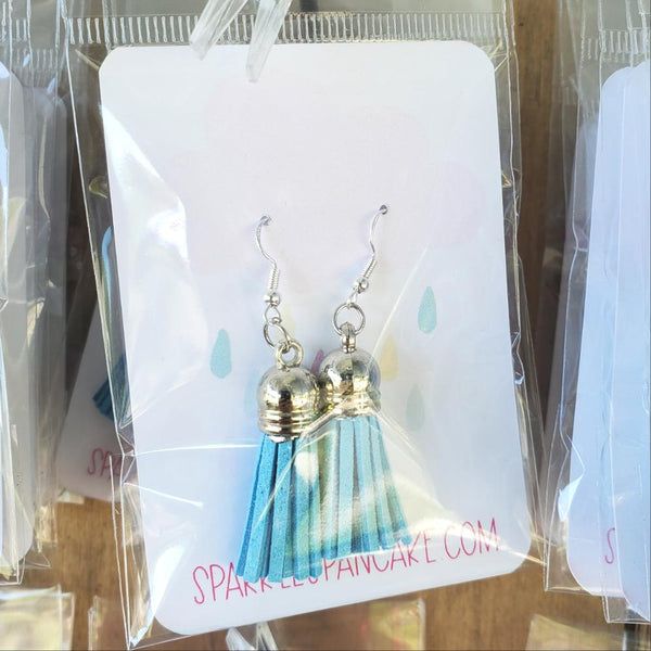 Silver Dome Top Leather Tassel Drop Earrings