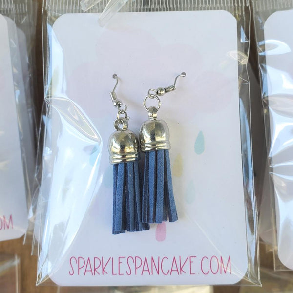 Silver Dome Top Leather Tassel Drop Earrings