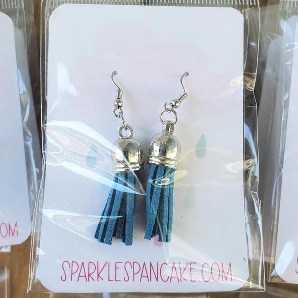 Silver Dome Top Leather Tassel Drop Earrings