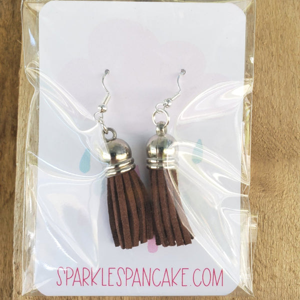Silver Dome Top Leather Tassel Drop Earrings