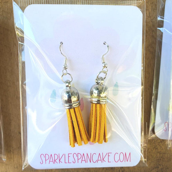 Silver Dome Top Leather Tassel Drop Earrings