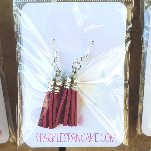 Silver Dome Top Leather Tassel Drop Earrings