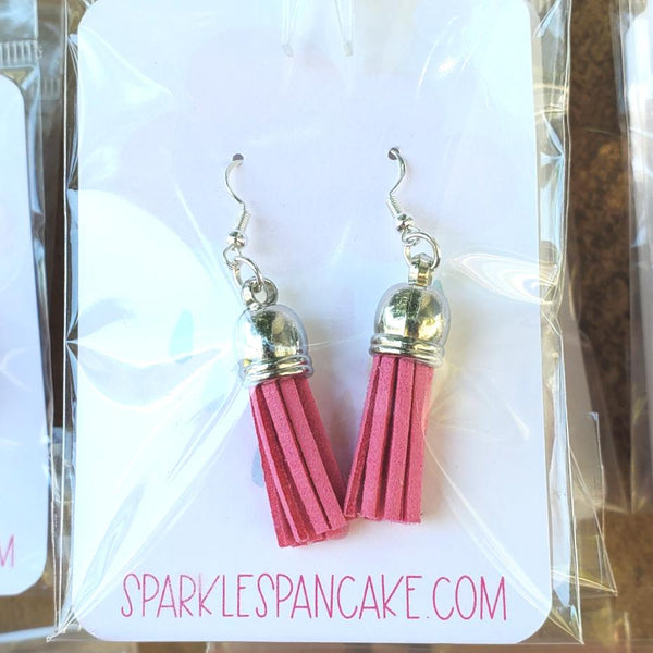 Silver Dome Top Leather Tassel Drop Earrings