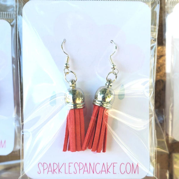 Silver Dome Top Leather Tassel Drop Earrings