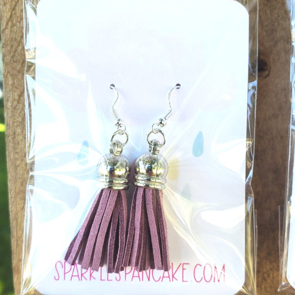 Silver Dome Top Leather Tassel Drop Earrings