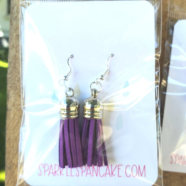 Silver Dome Top Leather Tassel Drop Earrings