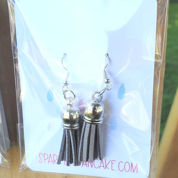 Silver Dome Top Leather Tassel Drop Earrings