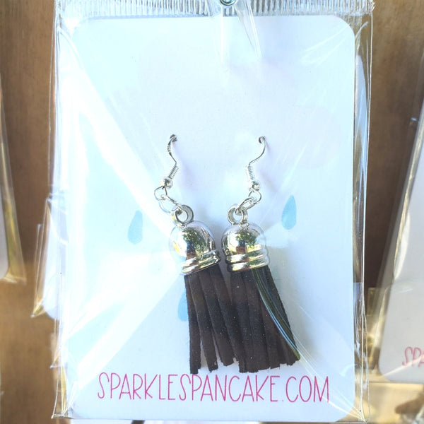 Silver Dome Top Leather Tassel Drop Earrings