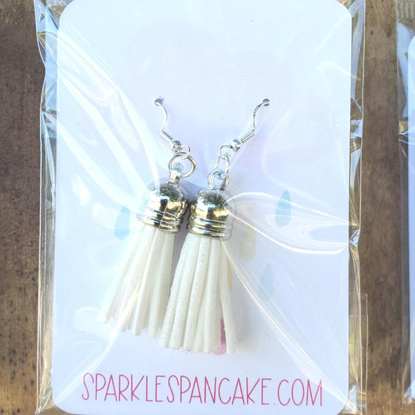 Silver Dome Top Leather Tassel Drop Earrings