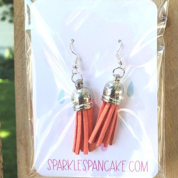 Silver Dome Top Leather Tassel Drop Earrings