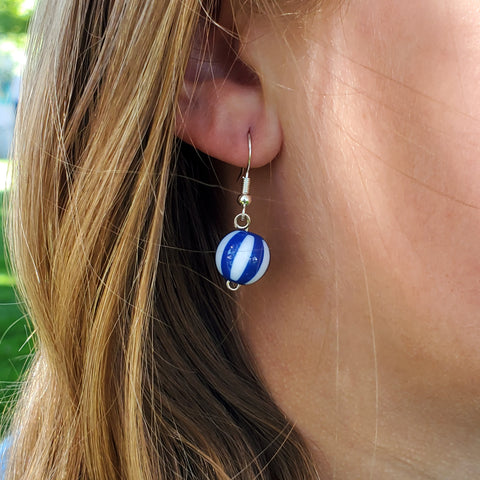 Blue and White Striped Bead Dangle Earrings.